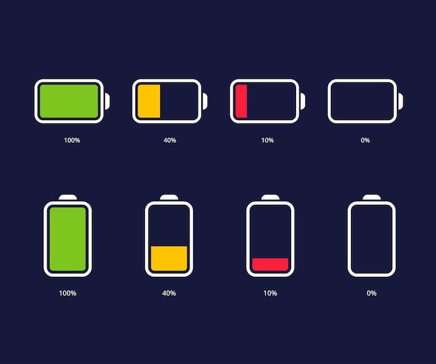 Battery charge level vector icons battery power percentage from low to full charging