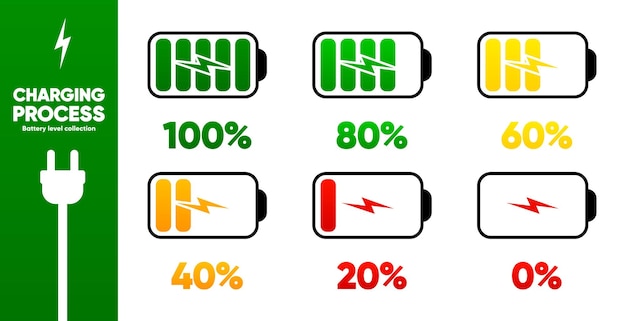 Battery Charge progress indicator icons collection Battery charge in level progress Full battery