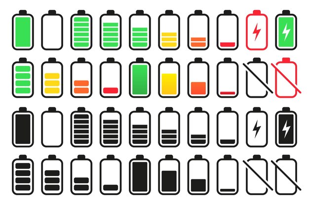 Collezione di icone del livello di carica della batteria set di icone della batteria scarica e completamente carica