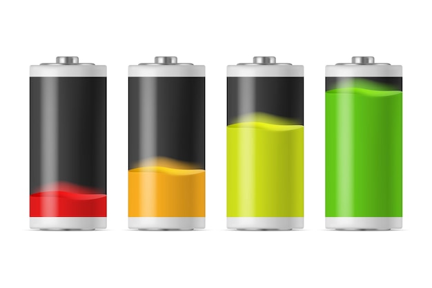 Battery charging stages Cylinder accumulator colorful energy metal containers loading levels decent vector templates set
