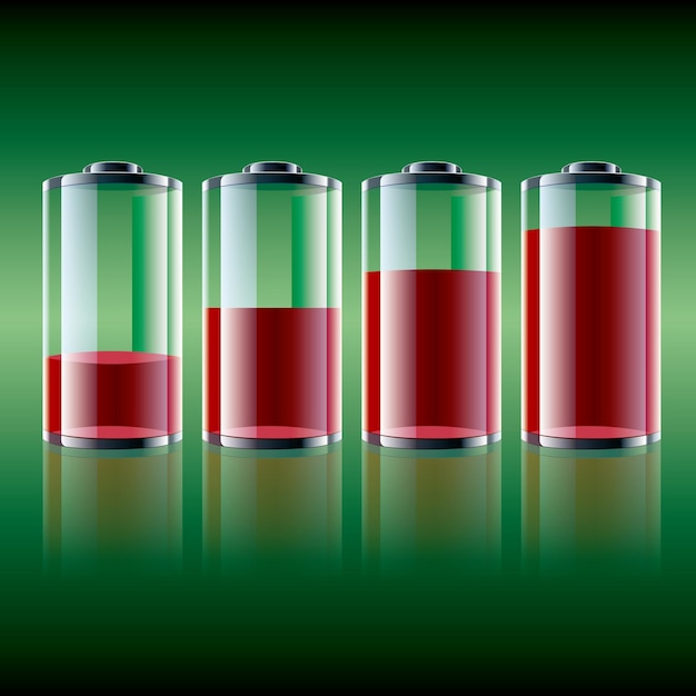 Коллекция значков батареи, отображение энергии батареи. Фон - зеленый градиент.