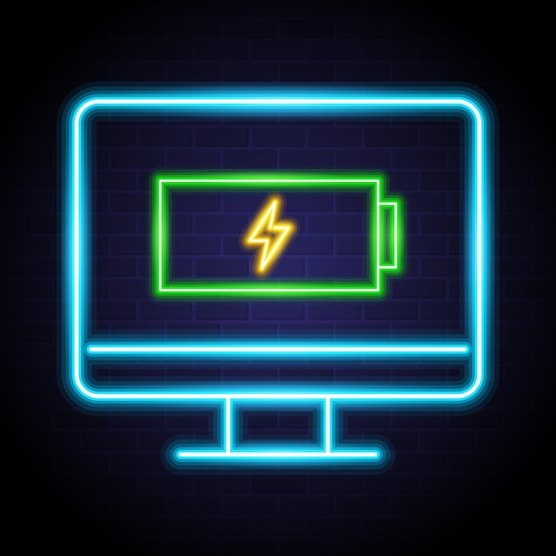 Battery icon on computer screen icon with neon style element