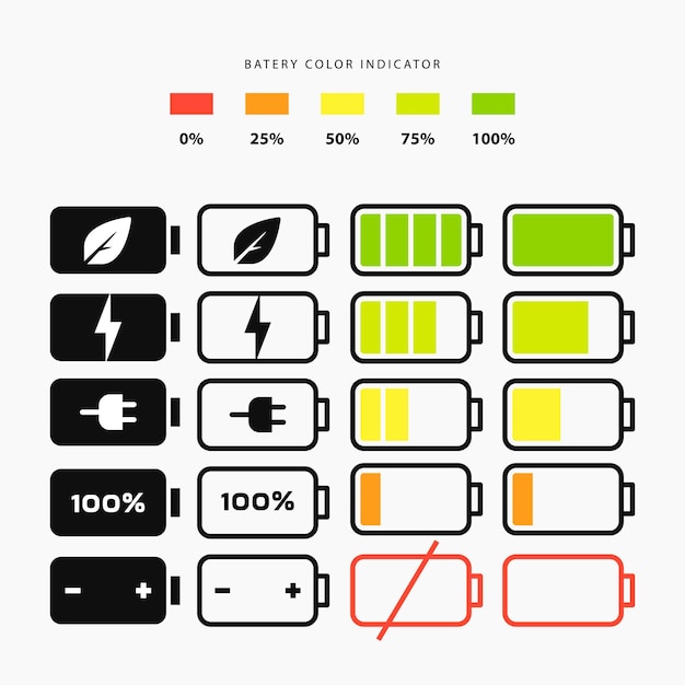 Вектор Набор значков батареи плоский дизайн подходит для дизайна пользовательского интерфейса и многого другого