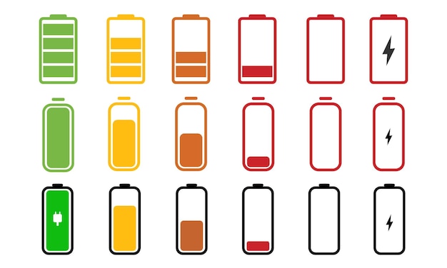Icona della batteria impostata su sfondo bianco. indicatore del livello della batteria mobile. icona livello accumulatore. energia