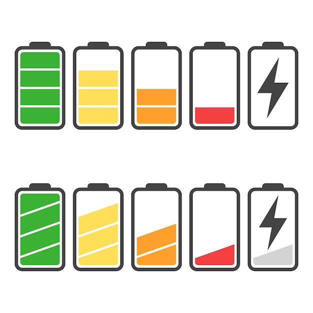 Набор векторных значков батареи изолирован на белом фоне Символы уровня заряда батареи полный и низкий Степень заряда батареи плоская векторная иллюстрация