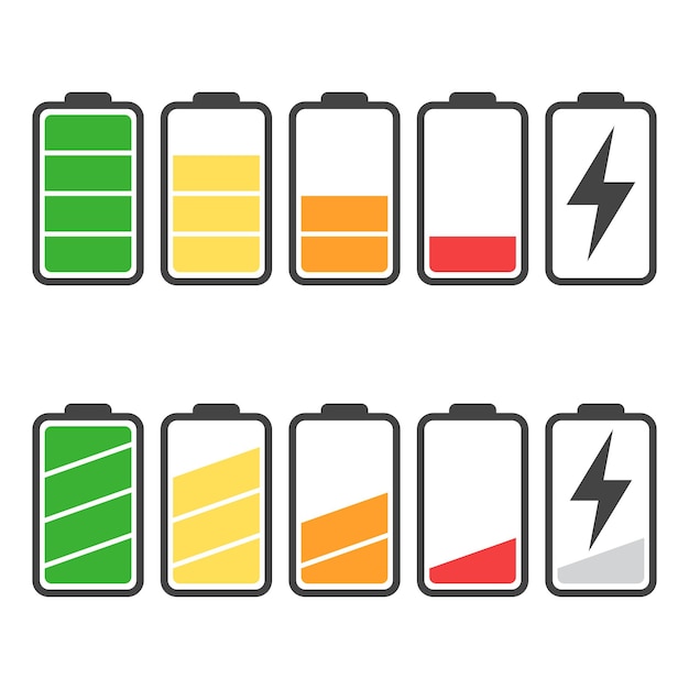 Battery icon vector set isolated on white background symbols of battery charge level full and low the degree of battery power flat vector illustration