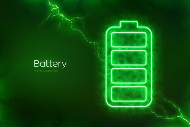 Vector battery icon with electrical energy glow effect green energy charging point station rechargeable accumulator battery power supply background electric discharge effects vector illustration