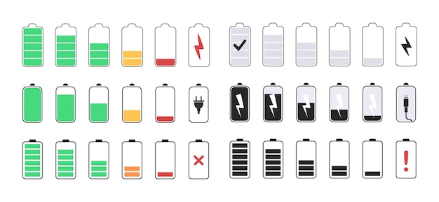 Icone della batteria, livello di carica, stato di carica del telefono, illustrazione vettoriale