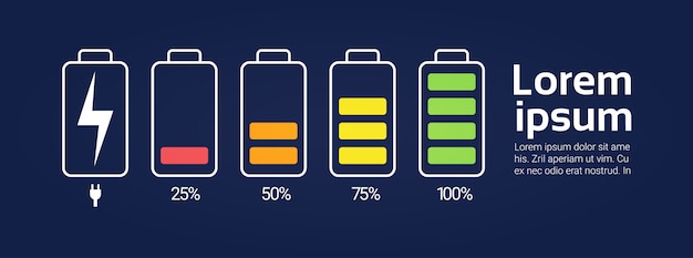 Battery icons set chargers from low to high charge level indicator template banner with copy space