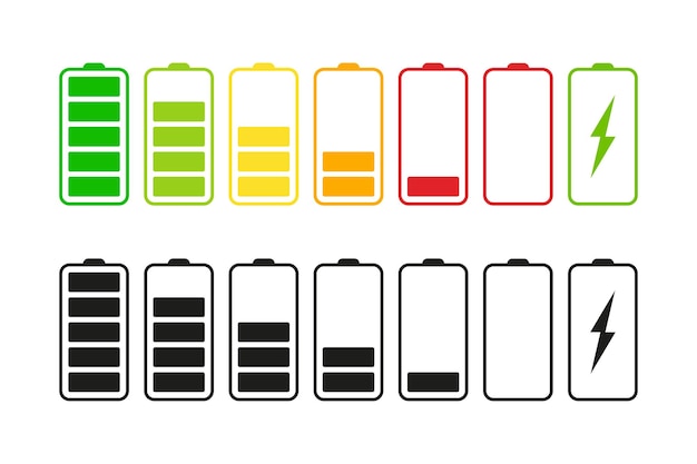 Battery icons set Set of battery charge level indicators Set battery with different level of charge Level battery energy Discharged and fully charged battery smartphone Vector illustration