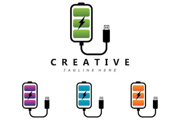 Набор логотипов батареи, дизайн пакета, зарядка иллюстрации, значок вектора бренда продукта