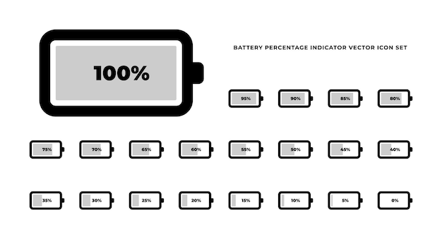 Set di icone vettoriali dell'indicatore di percentuale della batteria