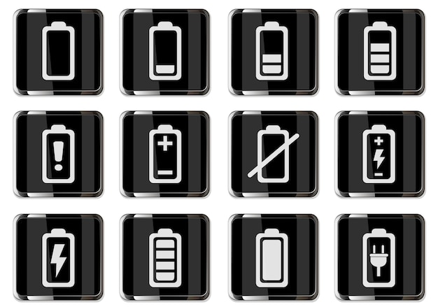 Battery pictograms in black chrome buttons icons set isolated for user interface design