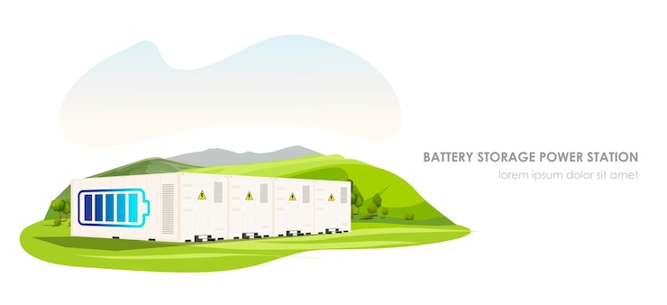 Vector battery storage power station electric energy grid renewable clean power solar panel eco system modern technology smart powerhouse rechargeable generator vector illustration