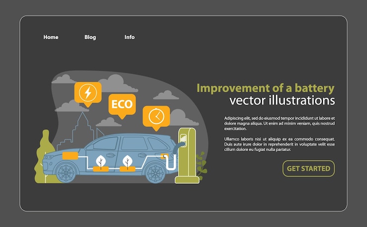 Vector battery technology advancement illustration this vector captures the progress in electric vehicle