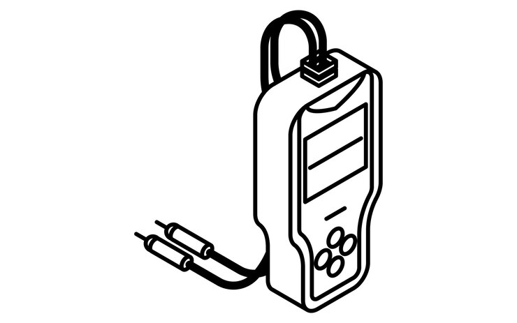 Vector battery tester simple isometric line icon with cables and display black and white