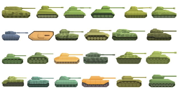 戦車のアイコンは、漫画のベクトルを設定します。武装した戦争。戦闘軍