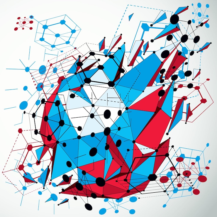 Vector bauhaus art 3d composition with low poly deformed object, perspective colorful modular vector wallpaper made using hexagons and wires mesh. graphic backdrop for use as booklet cover template.