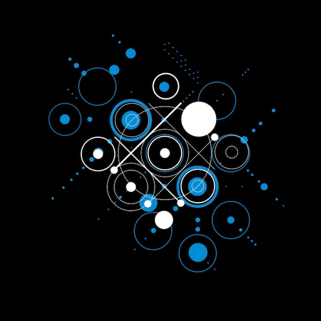Художественная композиция Баухауза, декоративные модульные синие и черные векторные обои с кругами и сеткой. Шаблон в стиле ретро, графический фон для использования в качестве шаблона обложки буклета.