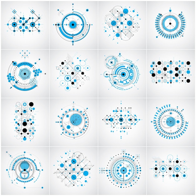 Vector bauhaus art composition. set of blue modular vector wallpapers with circles and lines grid. retro style patterns collection, graphic backdrops for use as booklet cover templates.
