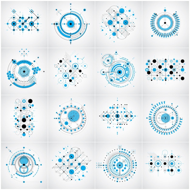 Bauhaus art composition. Set of blue modular vector wallpapers with circles and lines grid. Retro style patterns collection, graphic backdrops for use as booklet cover templates.