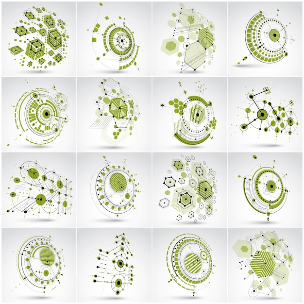 Vector bauhaus art, set of modular vector wallpapers made using circles and hexagons. retro style pattern, perspective backdrops for use as booklet cover templates. 3d illustration of engineering system.