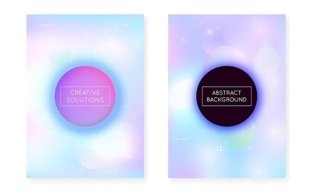 Bauhaus cover set with liquid shapes. Dynamic holographic fluid with gradient memphis background. Graphic template for placard, presentation, banner, brochure. Iridescent bauhaus cover set.