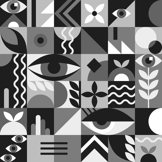 Bauhaus geometrische abstracte elementen in zwart-witte kleur met ogen en eenvoudige vormen Moderne stijl vormen minimalistisch retro design voor poster kaarten boek certificaat Hipster 20s trend collage