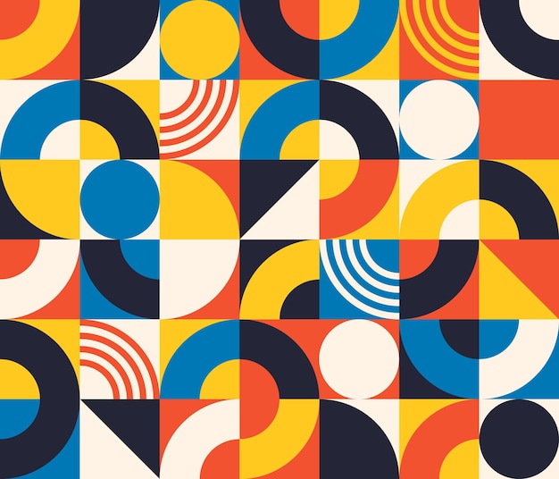 Bauhaus naadloos patroon. Abstracte vierkante tegels met cirkel en driehoek. Retro print in minimalistische stijl met geometrische figuur, vectortextuur. Basisvormen voor verschillende eenvoudige kunstontwerpen