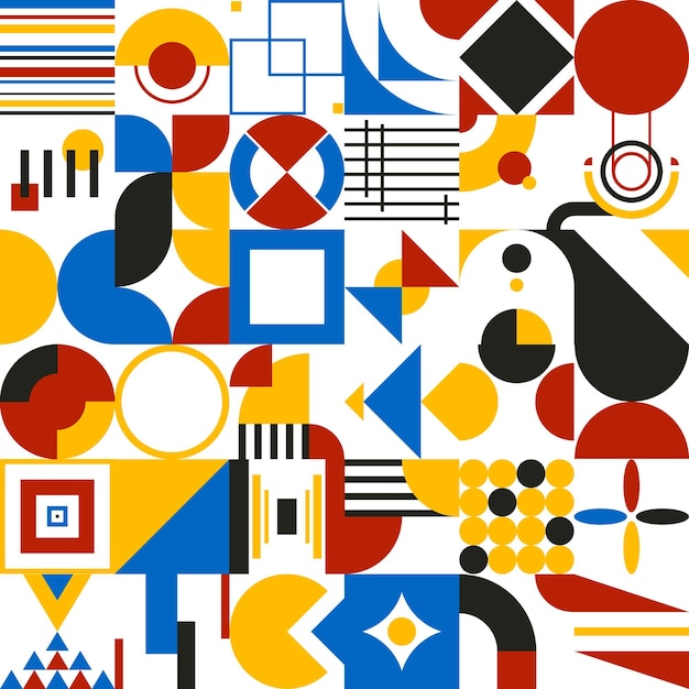 Bauhaus naadloze patroon moderne geometrische abstracte vormen Bauhaus basisvormen lijnen cirkels driehoeken en vierkanten blauw rood geel en zwart kleuren minimalistische stijl vectorillustratie