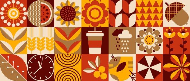 Vector bauhaus pattern with autumn mosaic style simple geometric shapes textile background