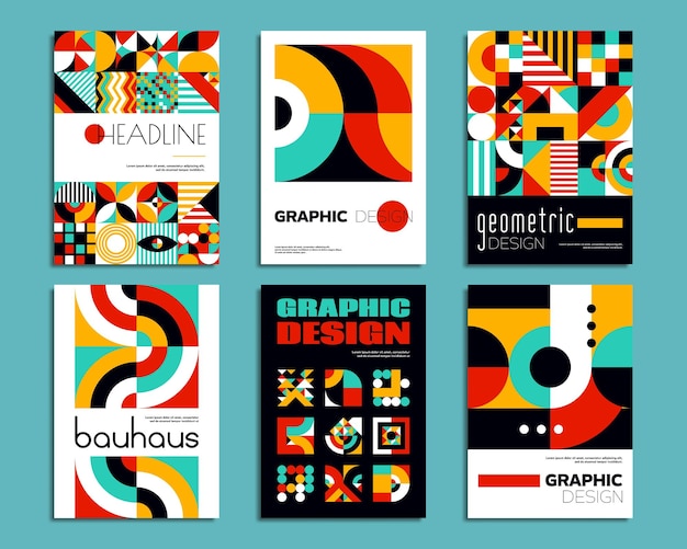 Плакаты Баухауза Геометрические абстрактные узоры с минимальными формами Векторные фоны винтажные художественные шаблоны макетов с жирной типографикой и примитивными элементами в виде кругов, треугольников, точек и квадратов