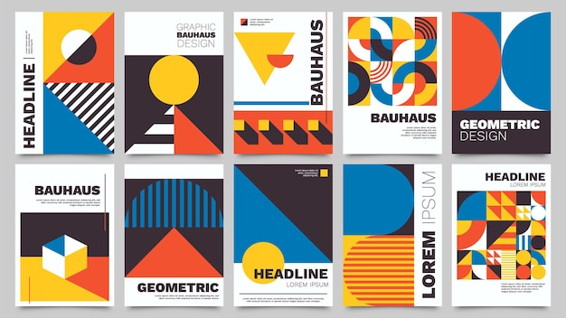 Manifesti bauhaus. opuscolo astratto moderno con forme geometriche, triangoli, cerchi e quadrati. set di vettori in stile architettonico minimale e audace con modelli di figure di base. copertine degli album di opere d'arte