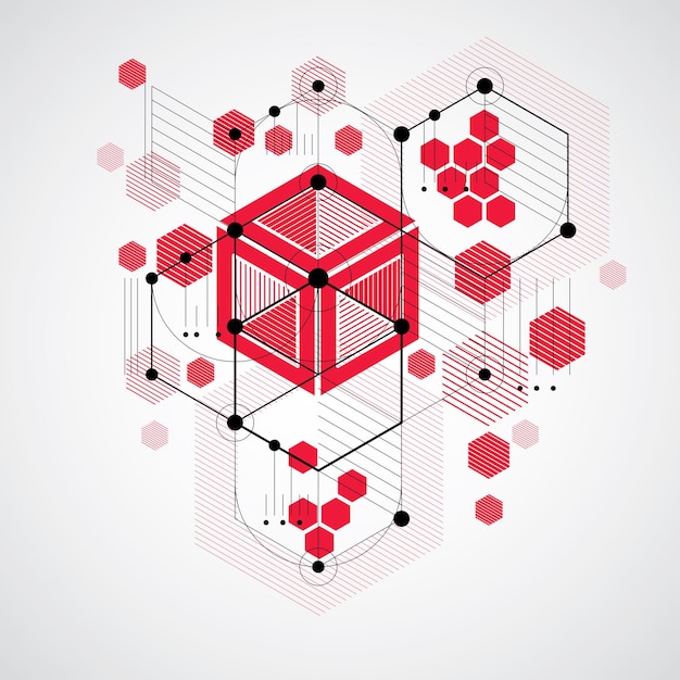 Bauhaus retro red wallpaper, art vector background made using grid, circles and rhombuses. Geometric graphic 1960s illustration can be used as booklet cover design. Technological pattern.