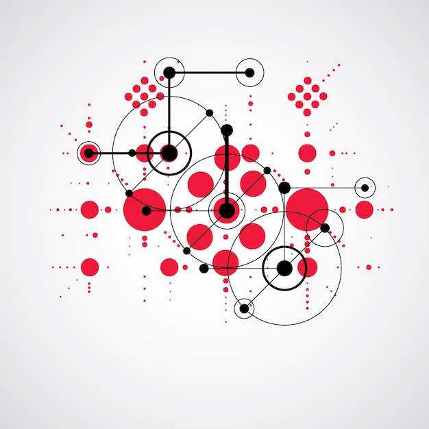 바우하우스 복고풍 벽지, 격자와 원을 사용하여 만든 예술 벡터 배경. 기하학적 그래픽 1960년대 빨간색 그림은 소책자 표지 디자인으로 사용할 수 있습니다.