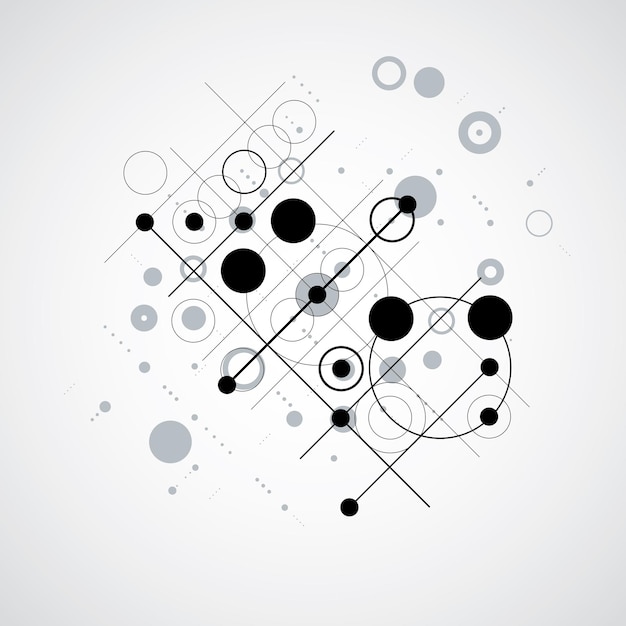 Ретро-обои Баухауза, векторный черно-белый фон искусства, выполненный с использованием сетки и кругов. Геометрическая графическая иллюстрация 1960-х годов может быть использована в качестве дизайна обложки буклета.