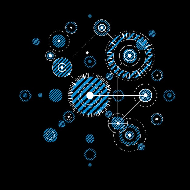 Ретро-обои Баухауза, векторный синий фон искусства, выполненный с использованием сетки и кругов. Геометрическая графическая иллюстрация 1960-х годов может быть использована в качестве дизайна обложки буклета. Технологический узор.