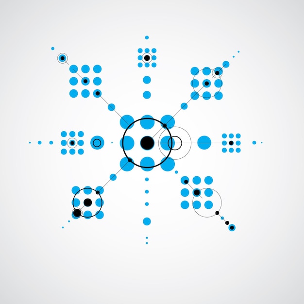 바우하우스 복고풍 벽지, 격자와 원을 사용하여 만든 아트 벡터 파란색 배경. 기하학적 그래픽 1960년대 삽화는 소책자 표지 디자인으로 사용할 수 있습니다.