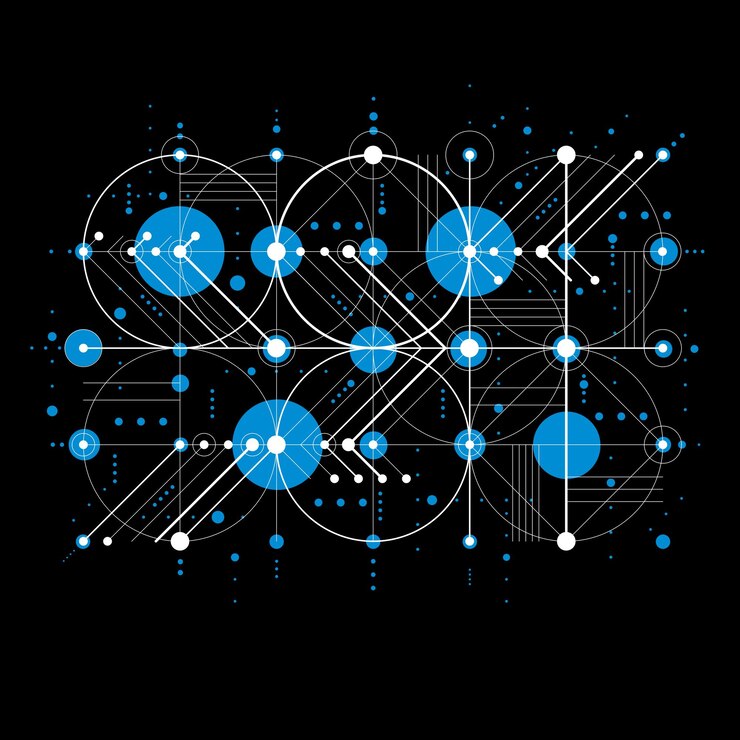Vector bauhaus retro wallpaper, art vector blue background made using grid and circles. geometric graphic 1960s illustration can be used as booklet cover design.