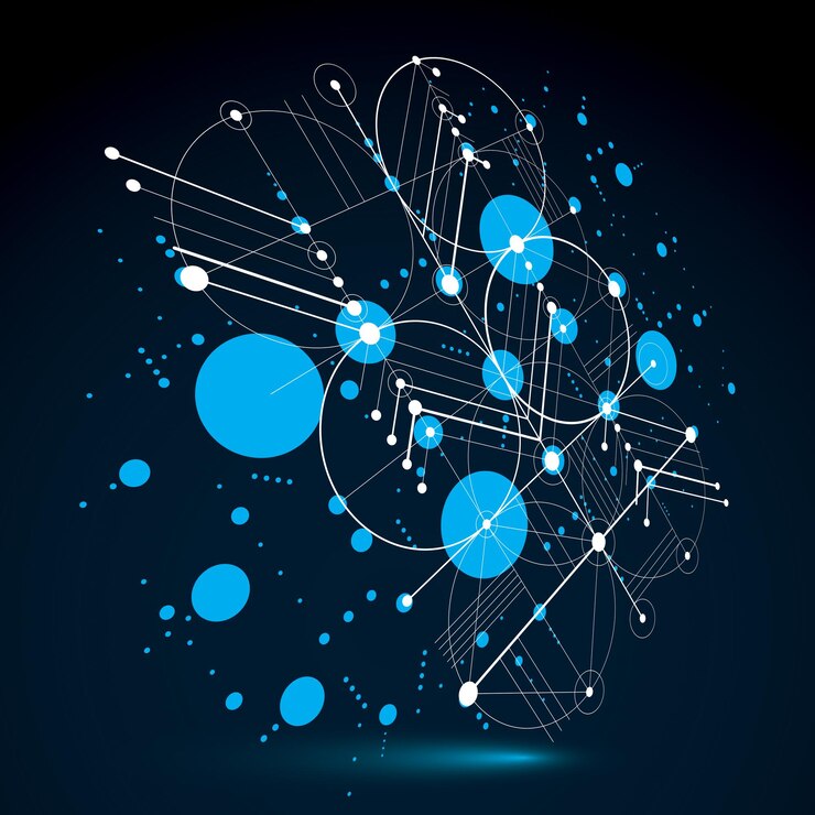 Vector bauhaus retro wallpaper, perspective blue art vector background made using grid and circles. geometric graphic 1960s illustration can be used as booklet cover design.