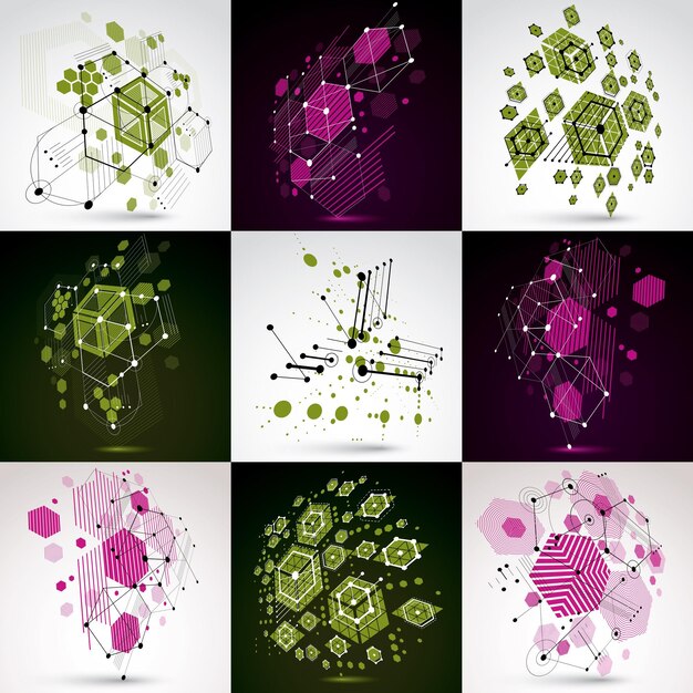 bauhaus retro wallpapers collection, art vector red backgrounds made using grid and hexagons. geometric graphic 1960s illustrations can be used as booklet cover design. technological patterns.