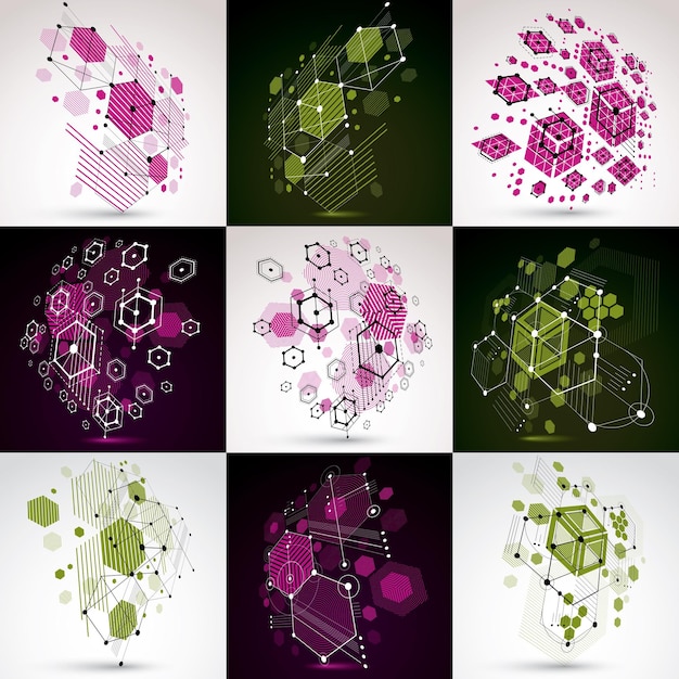bauhaus retro wallpapers collection, art vector red backgrounds made using grid and hexagons. geometric graphic 1960s illustrations can be used as booklet cover design. technological patterns.