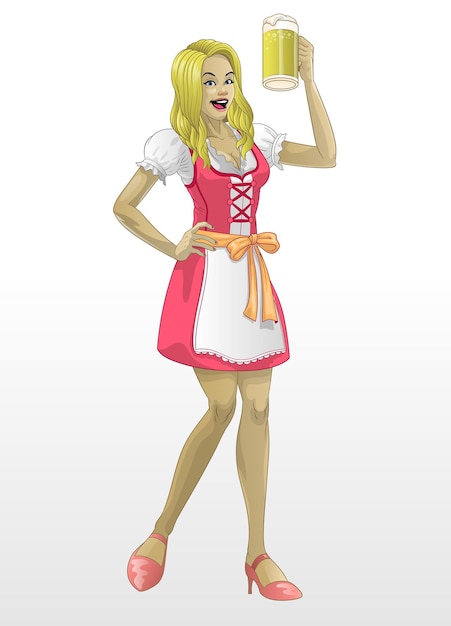 Vector bavarian girl wearing dirndl present the beer