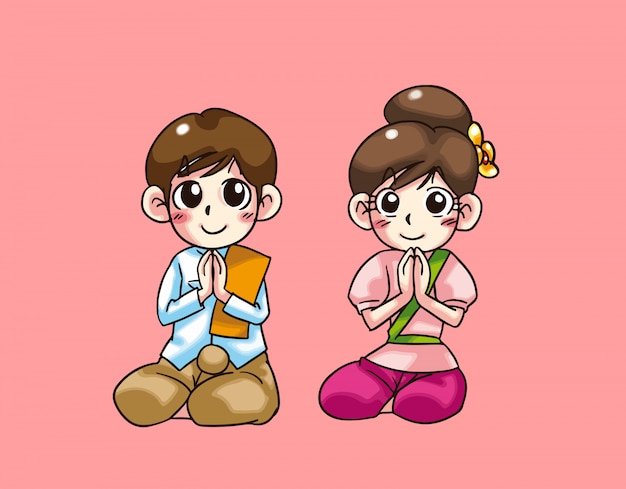 Bay and girl sitting welcome thai cartoon