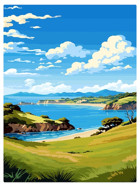 Vector bay of islands new zealand vintage travel poster souvenir postcard portrait painting illustration