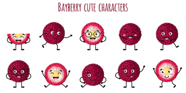 Bayberry fruit cute funny cheerful characters with different poses and emotions. natural vitamin antioxidant detox food collection.   cartoon isolated illustration.