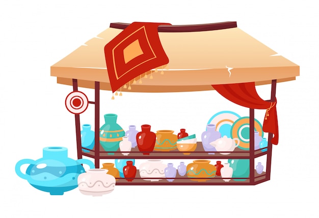 Bazaar awning with handmade earthenware cartoon illustration