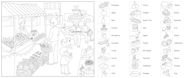 바자 시장 교환 흑백 색칠하기 책 개요 벡터 일러스트 레이션