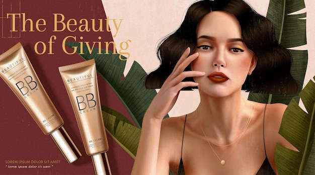 Vector bb cream ads with brunette woman who wears spaghetti strap dress in 3d illustration
