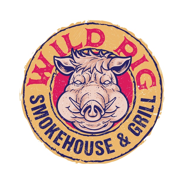 Vector bbq badge emble logo sjabloon wild pig smoke house bewerkbare tekst